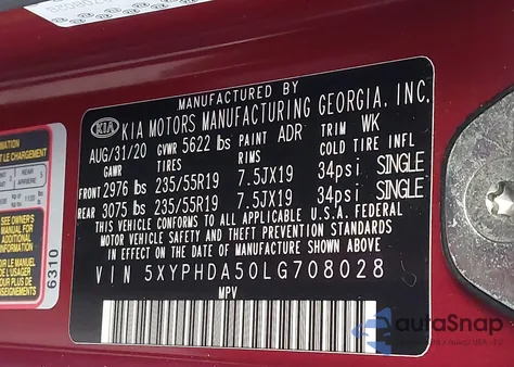 2020 Kia Sorento 3.3L Ex из США, поврежденный, VIN 5XYPHDA50LG708028